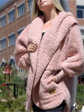 Nordic Beach Hooded Body Wrap Teddy Sherpa Cozy Fleece Jacket One Size Petite